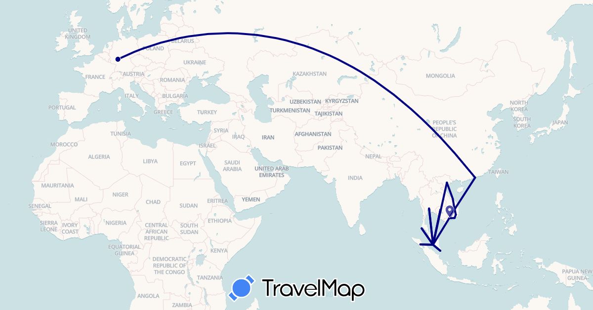 TravelMap itinerary: driving in Germany, Hong Kong, Indonesia, Cambodia, Malaysia, Singapore, Thailand, Vietnam (Asia, Europe)